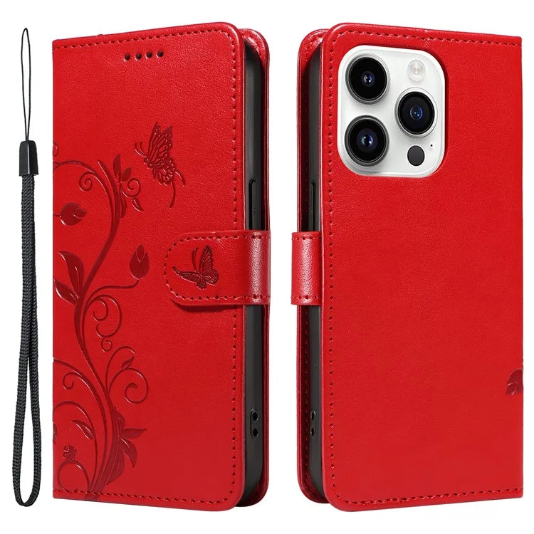 For iPhone 14 Pro Max Case Leather Flower Butterfly Pattern Phone Guard Cover with Card Slots