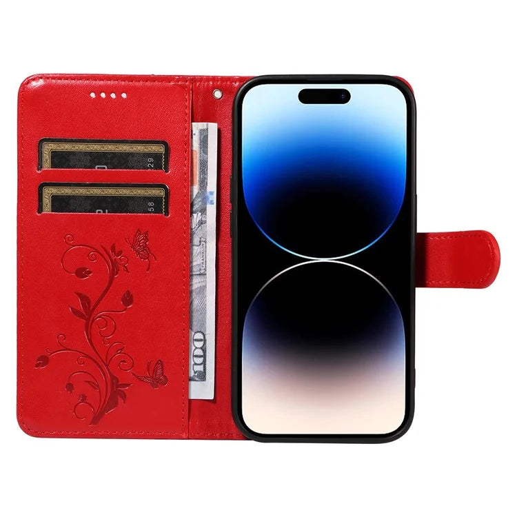 For iPhone 14 Pro Max Case Leather Flower Butterfly Pattern Phone Guard Cover with Card Slots