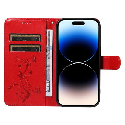 For iPhone 14 Pro Max Case Leather Flower Butterfly Pattern Phone Guard Cover with Card Slots