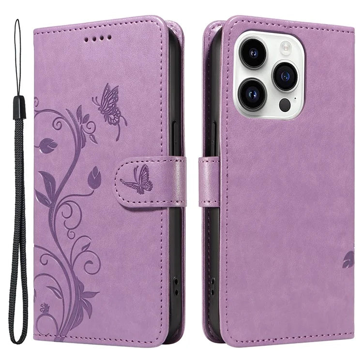 For iPhone 14 Pro Max Case Leather Flower Butterfly Pattern Phone Guard Cover with Card Slots