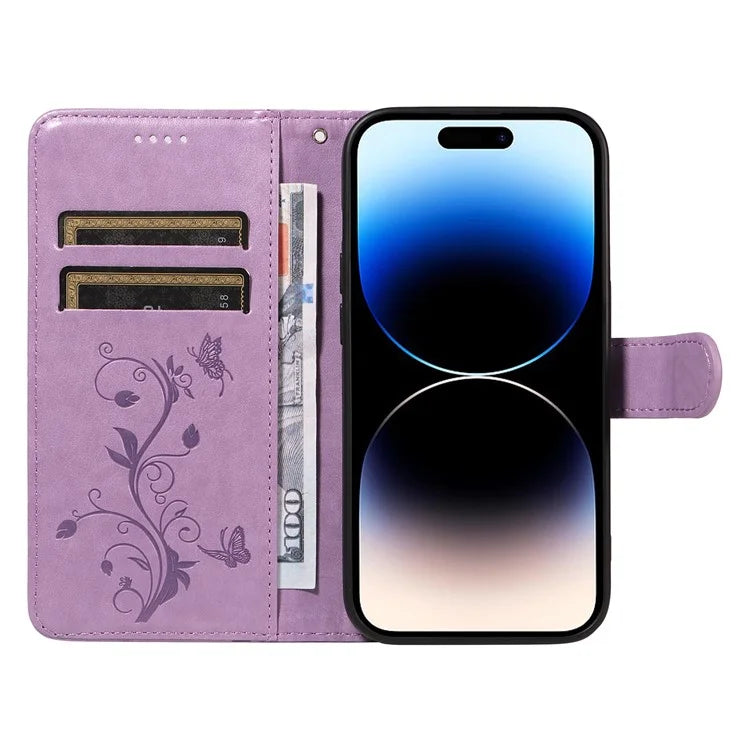 For iPhone 14 Pro Max Case Leather Flower Butterfly Pattern Phone Guard Cover with Card Slots