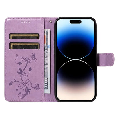 For iPhone 14 Pro Max Case Leather Flower Butterfly Pattern Phone Guard Cover with Card Slots