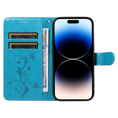 For iPhone 14 Pro Max Case Leather Flower Butterfly Pattern Phone Guard Cover with Card Slots