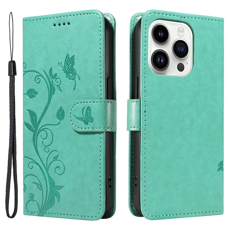 For iPhone 14 Pro Max Case Leather Flower Butterfly Pattern Phone Guard Cover with Card Slots