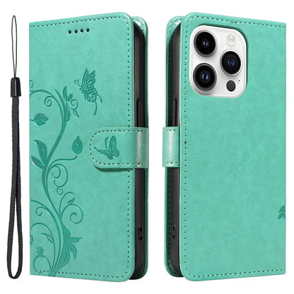 For iPhone 14 Pro Max Case Leather Flower Butterfly Pattern Phone Guard Cover with Card Slots