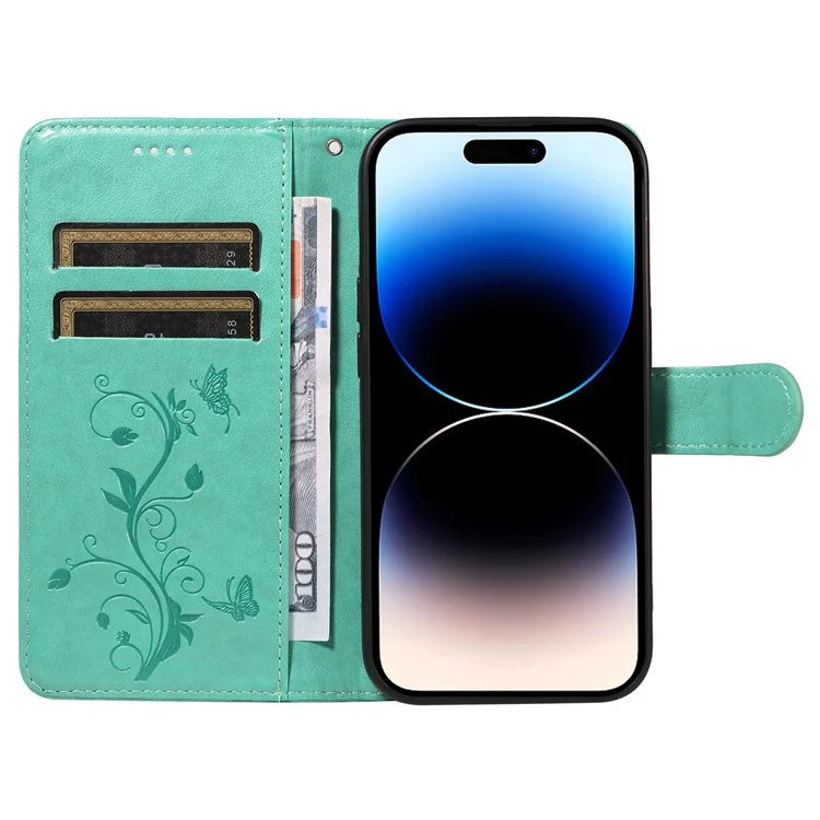 For iPhone 14 Pro Max Case Leather Flower Butterfly Pattern Phone Guard Cover with Card Slots