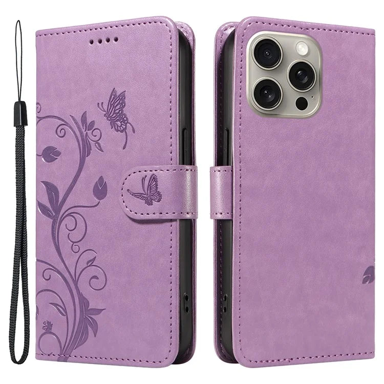 For iPhone 15 Pro Max Case PU Leather+TPU Imprinted Flower Butterfly Design Protective Cover