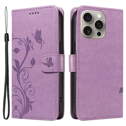 For iPhone 15 Pro Max Case PU Leather+TPU Imprinted Flower Butterfly Design Protective Cover