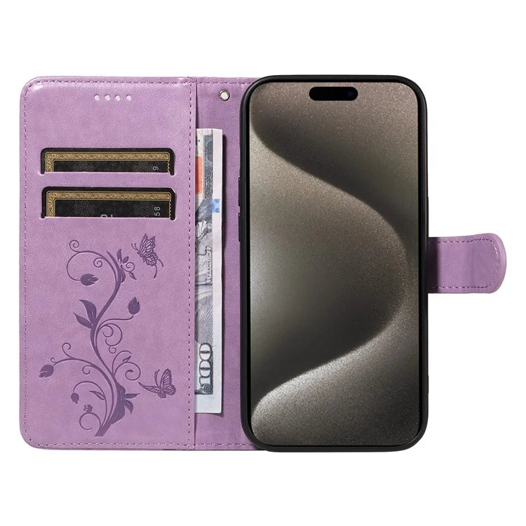 For iPhone 15 Pro Max Case PU Leather+TPU Imprinted Flower Butterfly Design Protective Cover