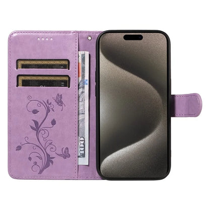 For iPhone 15 Pro Max Case PU Leather+TPU Imprinted Flower Butterfly Design Protective Cover