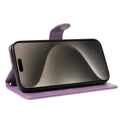 For iPhone 15 Pro Max Case PU Leather+TPU Imprinted Flower Butterfly Design Protective Cover