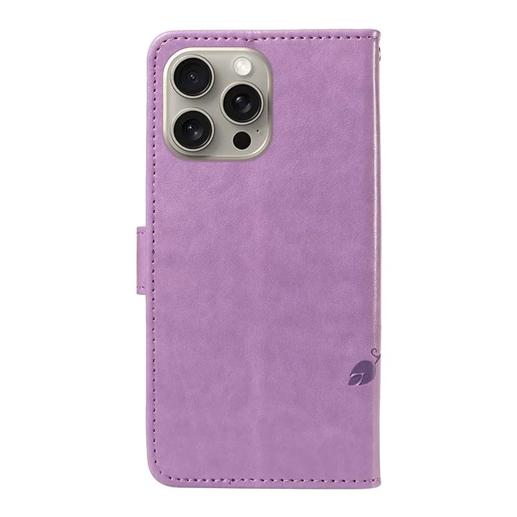 For iPhone 15 Pro Max Case PU Leather+TPU Imprinted Flower Butterfly Design Protective Cover