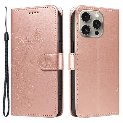 For iPhone 15 Pro Max Case PU Leather+TPU Imprinted Flower Butterfly Design Protective Cover