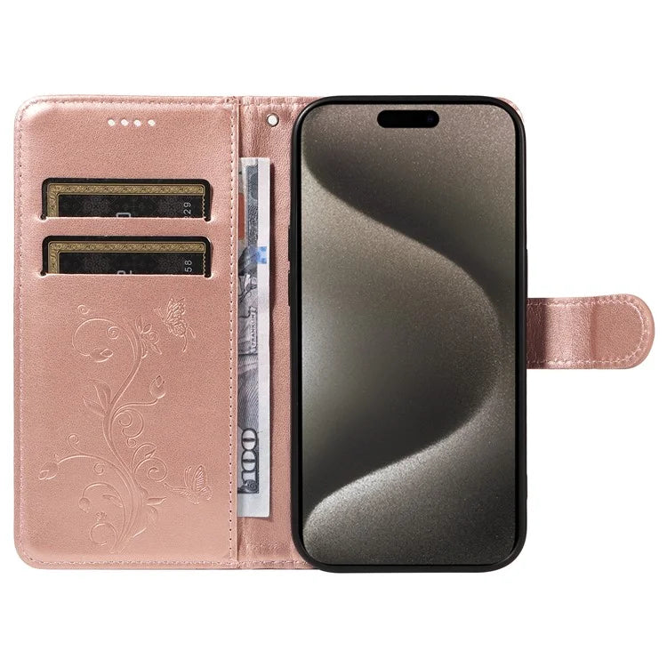 For iPhone 15 Pro Max Case PU Leather+TPU Imprinted Flower Butterfly Design Protective Cover