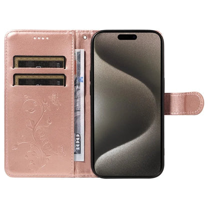 For iPhone 15 Pro Max Case PU Leather+TPU Imprinted Flower Butterfly Design Protective Cover