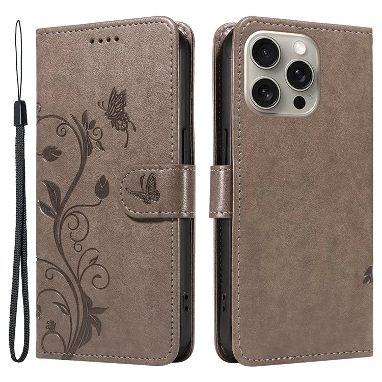 For iPhone 15 Pro Max Case PU Leather+TPU Imprinted Flower Butterfly Design Protective Cover