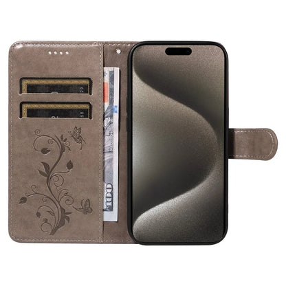 For iPhone 15 Pro Max Case PU Leather+TPU Imprinted Flower Butterfly Design Protective Cover