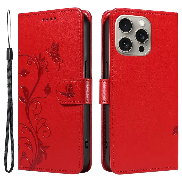 For iPhone 15 Pro Max Case PU Leather+TPU Imprinted Flower Butterfly Design Protective Cover