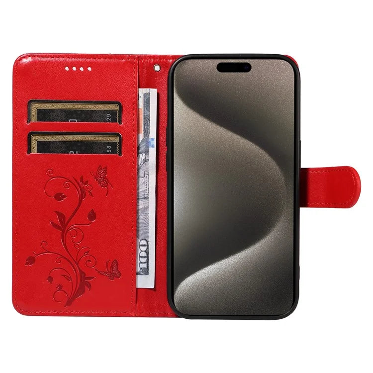 For iPhone 15 Pro Max Case PU Leather+TPU Imprinted Flower Butterfly Design Protective Cover