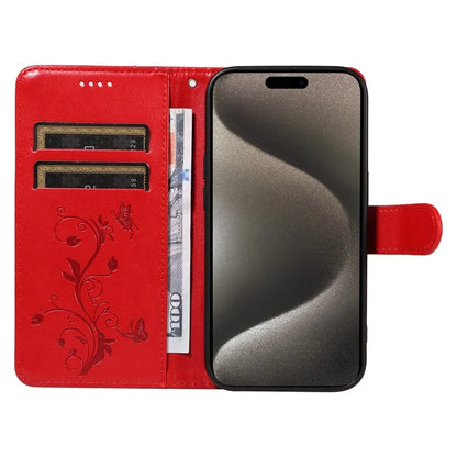 For iPhone 15 Pro Max Case PU Leather+TPU Imprinted Flower Butterfly Design Protective Cover