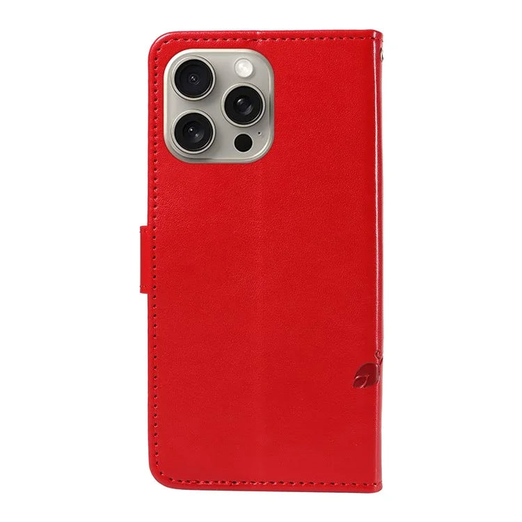 For iPhone 15 Pro Max Case PU Leather+TPU Imprinted Flower Butterfly Design Protective Cover