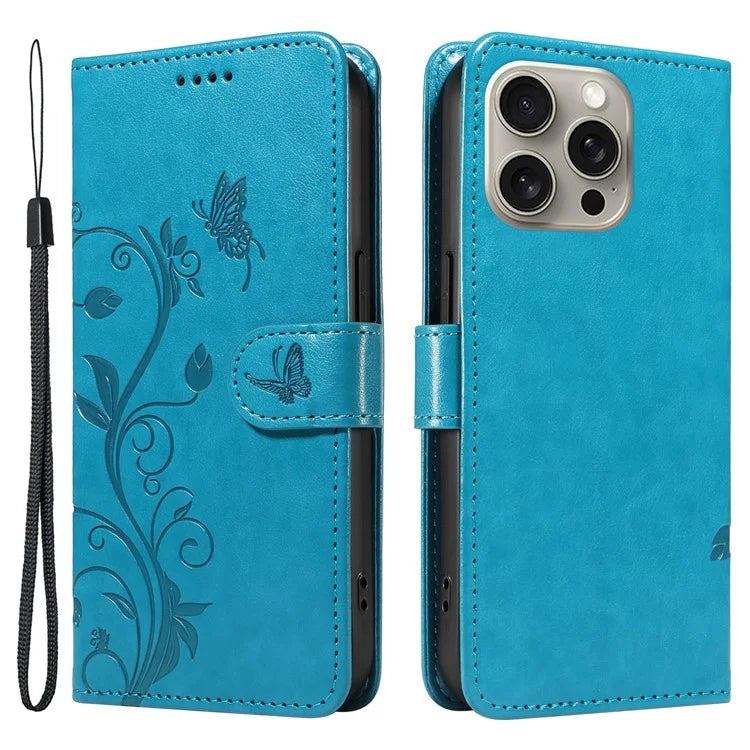For iPhone 15 Pro Max Case PU Leather+TPU Imprinted Flower Butterfly Design Protective Cover