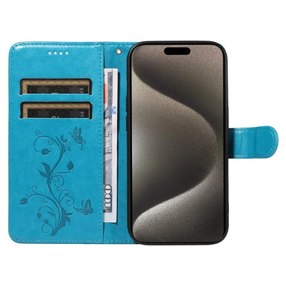 For iPhone 15 Pro Max Case PU Leather+TPU Imprinted Flower Butterfly Design Protective Cover