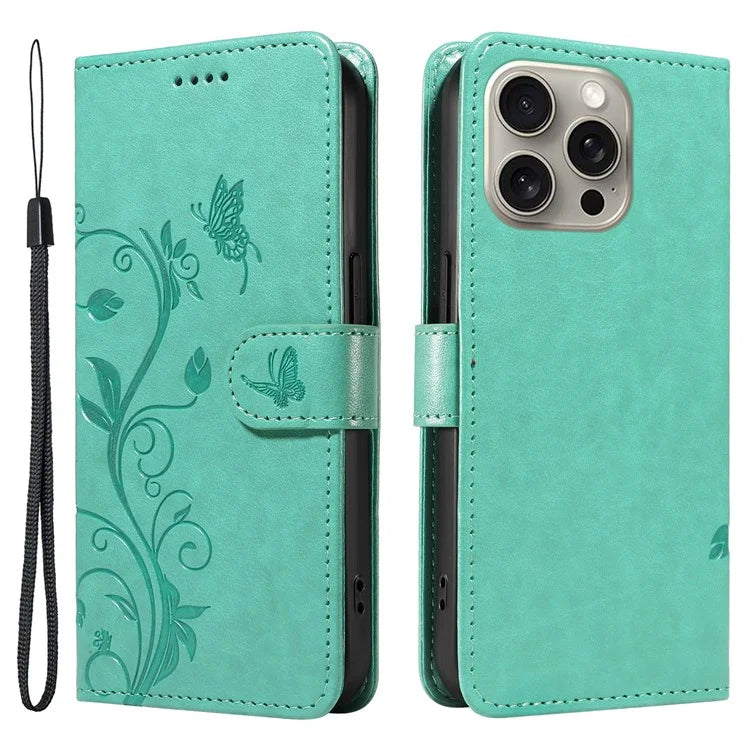 For iPhone 15 Pro Max Case PU Leather+TPU Imprinted Flower Butterfly Design Protective Cover