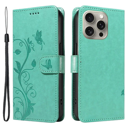 For iPhone 15 Pro Max Case PU Leather+TPU Imprinted Flower Butterfly Design Protective Cover