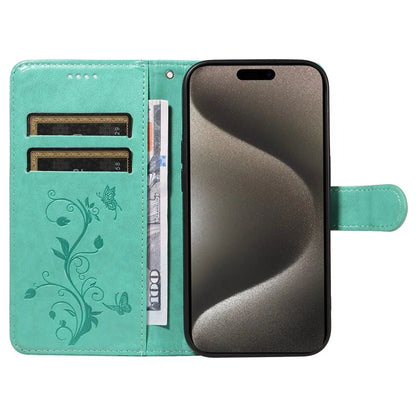 For iPhone 15 Pro Max Case PU Leather+TPU Imprinted Flower Butterfly Design Protective Cover