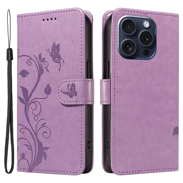 For iPhone 15 Pro Butterfly Flower Leather Cover Wallet Flip Phone Case