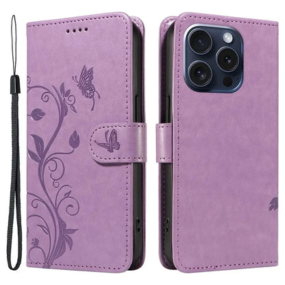 For iPhone 15 Pro Butterfly Flower Leather Cover Wallet Flip Phone Case