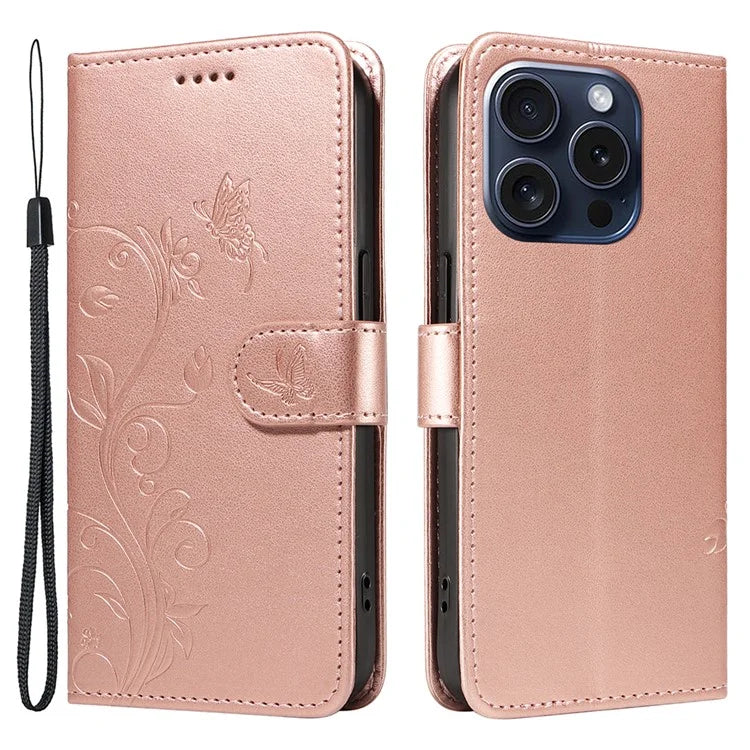 For iPhone 15 Pro Butterfly Flower Leather Cover Wallet Flip Phone Case