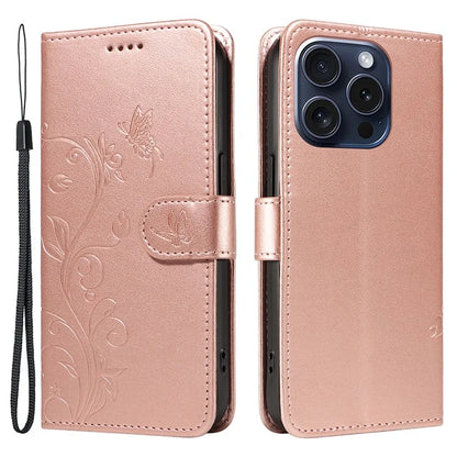 For iPhone 15 Pro Butterfly Flower Leather Cover Wallet Flip Phone Case