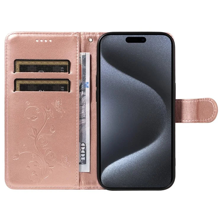 For iPhone 15 Pro Butterfly Flower Leather Cover Wallet Flip Phone Case