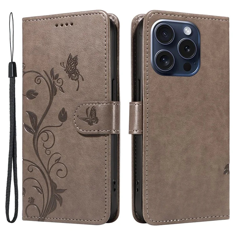 For iPhone 15 Pro Butterfly Flower Leather Cover Wallet Flip Phone Case