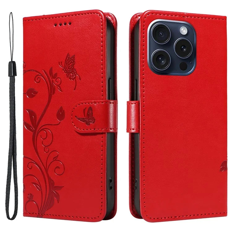 For iPhone 15 Pro Butterfly Flower Leather Cover Wallet Flip Phone Case