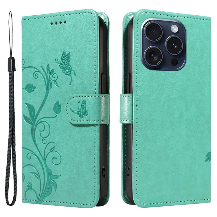 For iPhone 15 Pro Butterfly Flower Leather Cover Wallet Flip Phone Case