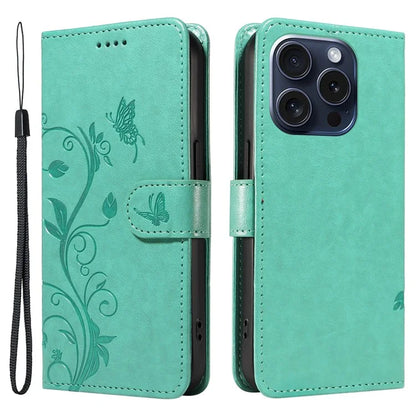 For iPhone 15 Pro Butterfly Flower Leather Cover Wallet Flip Phone Case