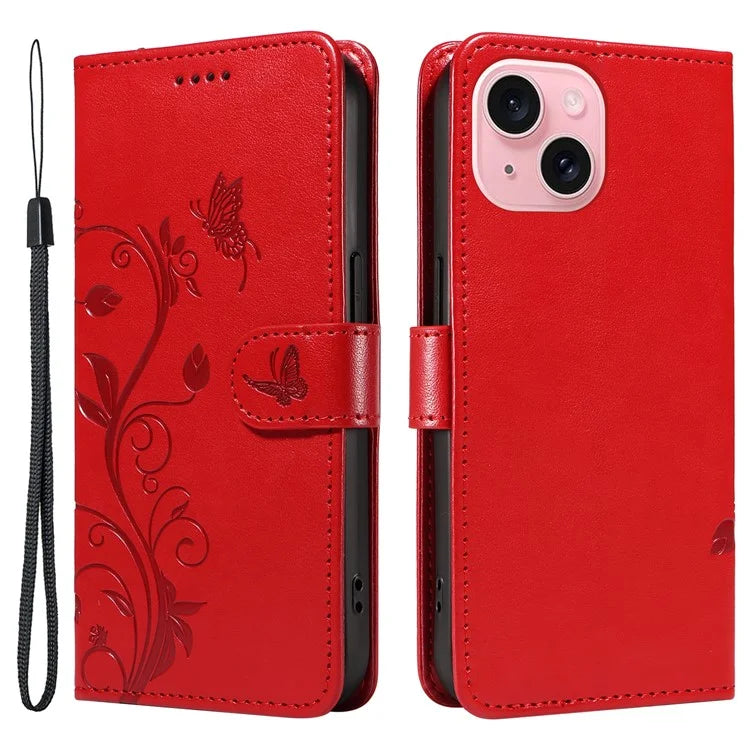 Leather Case for iPhone 15 Flower Blossom Pattern Phone Cover Wrist Strap Card Slots Holder