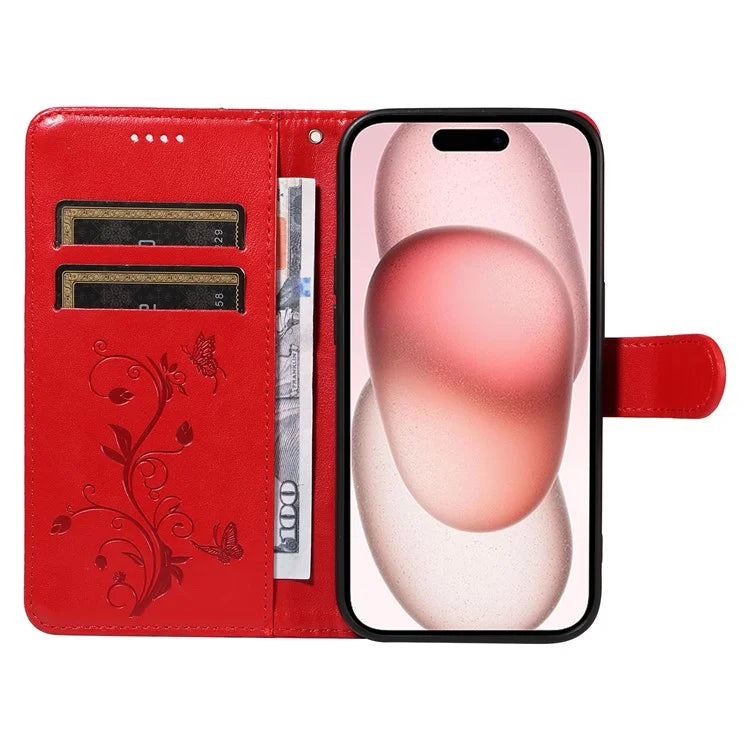 Leather Case for iPhone 15 Flower Blossom Pattern Phone Cover Wrist Strap Card Slots Holder