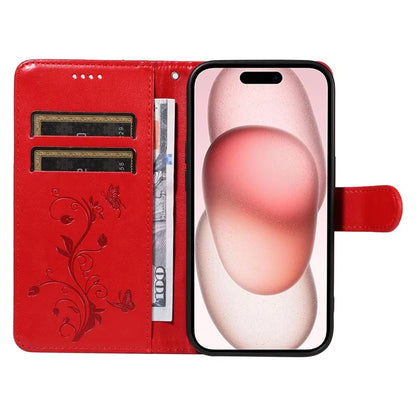 Leather Case for iPhone 15 Flower Blossom Pattern Phone Cover Wrist Strap Card Slots Holder