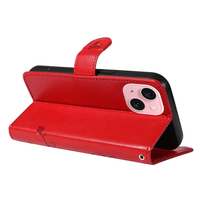 Leather Case for iPhone 15 Flower Blossom Pattern Phone Cover Wrist Strap Card Slots Holder