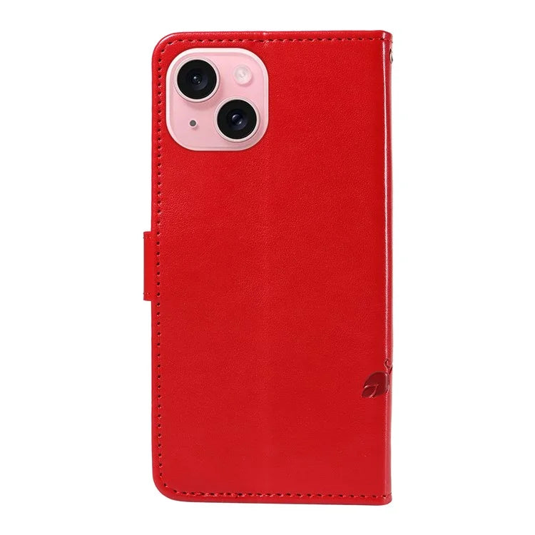 Leather Case for iPhone 15 Flower Blossom Pattern Phone Cover Wrist Strap Card Slots Holder
