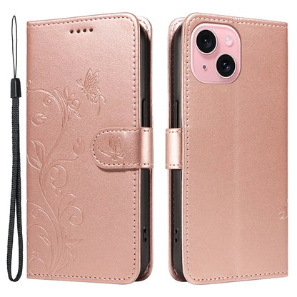 Leather Case for iPhone 15 Flower Blossom Pattern Phone Cover Wrist Strap Card Slots Holder