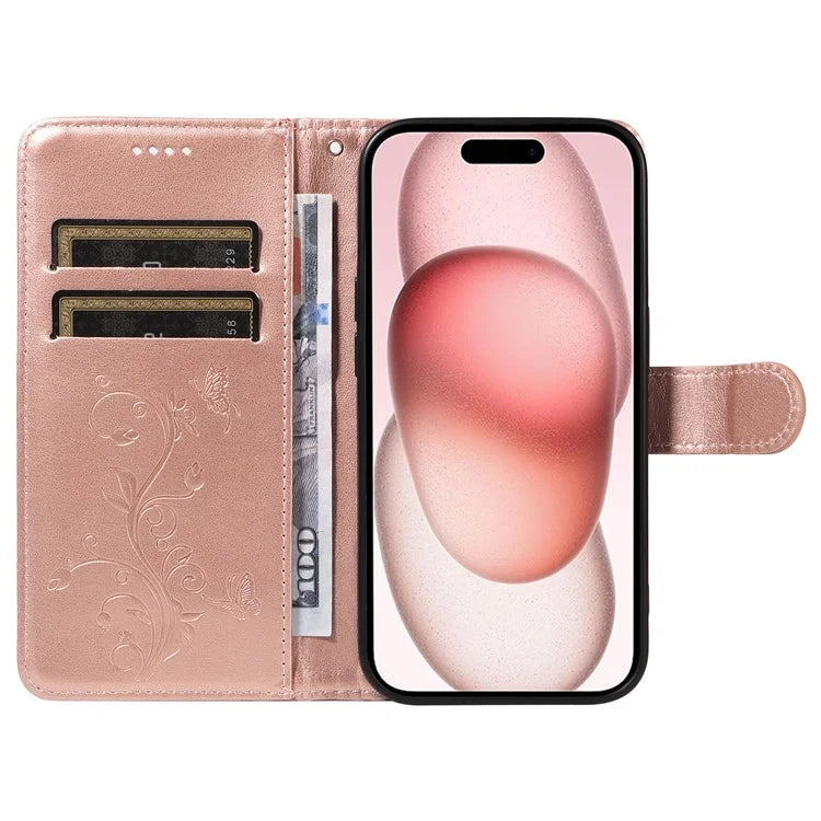 Leather Case for iPhone 15 Flower Blossom Pattern Phone Cover Wrist Strap Card Slots Holder