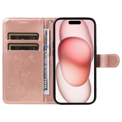 Leather Case for iPhone 15 Flower Blossom Pattern Phone Cover Wrist Strap Card Slots Holder