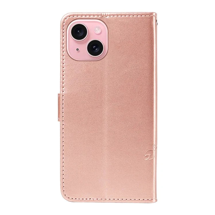 Leather Case for iPhone 15 Flower Blossom Pattern Phone Cover Wrist Strap Card Slots Holder