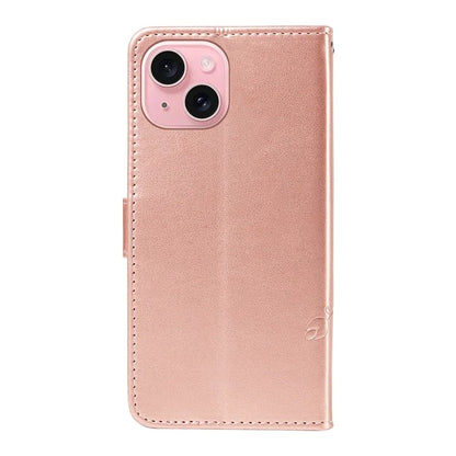 Leather Case for iPhone 15 Flower Blossom Pattern Phone Cover Wrist Strap Card Slots Holder