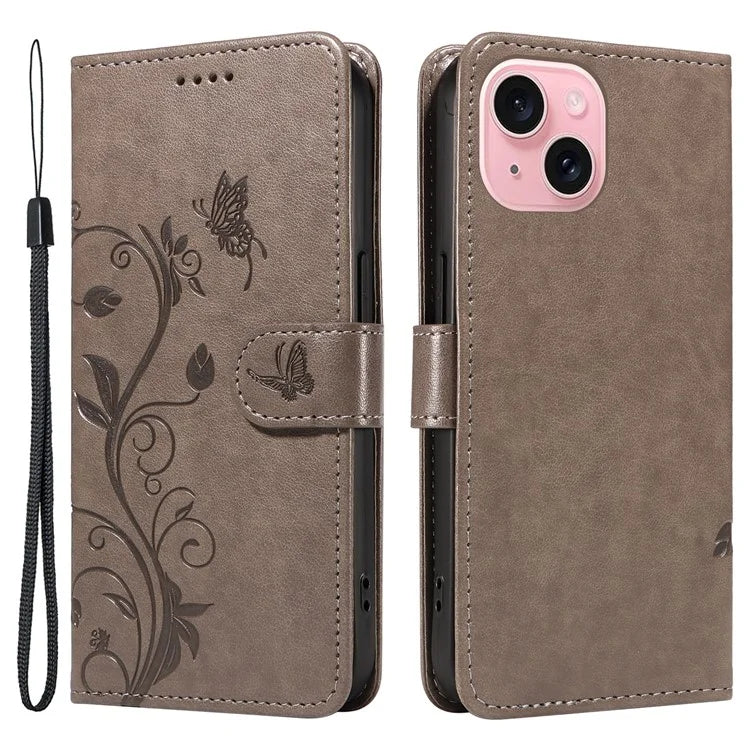 Leather Case for iPhone 15 Flower Blossom Pattern Phone Cover Wrist Strap Card Slots Holder